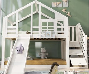 Łóżko piętrowe z litego drewna 90×200 cm - ze zjeżdżalnią i schodami z miejscem do przechowywania - białe