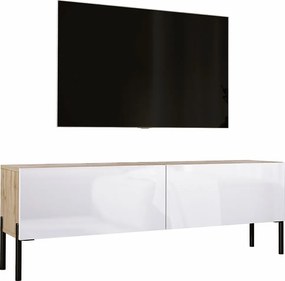 Szafka RTV: Dąb Wotan / Biały Połysk, nogi czarne, 140 x 52 x 32 cm