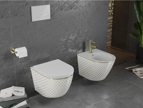 Mexen Lena miska wc Rimless z deską wolnoopadającą slim, duroplast, biała/złota wzór kratka - 30224009