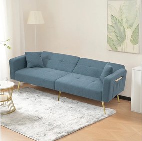 Sofa 2-osobowa z funkcją spania, z mechanizmem klik-klak, w tkaninie Sherpa – 175 x 64 x 72 cm – złote nogi – kolor niebieski