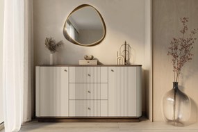 Komoda Vesper 160 cm z szufladami na cokole - kaszmir / orzech / złote uchwyty