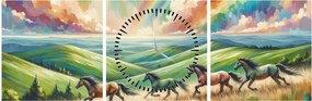 Obraz – Konie galopujące przez krajobraz (z zegarem) (90x30 cm)