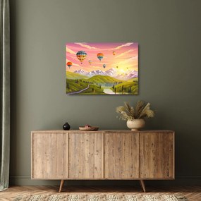 Obraz na szkle balonów nad krajobrazem (70x50 cm)
