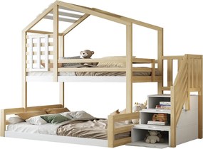Łóżko piętrowe 90x200/140x200 - z barierką i schowkiem - naturalna sosna - bez materaca