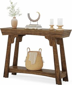 105 cm stolik konsolowy ze schowkiem, 2-poziomowy drewniany stolik konsolowy z półką, wąski, rustykalny, stolik za sofą do salonu, rustykalny brąz
