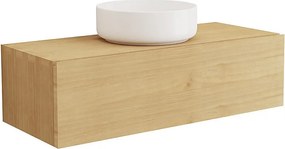Wisząca szafka łazienkowa z drewna mindi z okrągłą umywalką nablatową ceramiczną - 95 cm - TIDORE