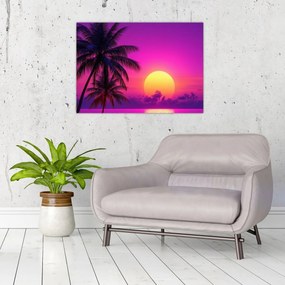 Obraz na szkle - Fioletowy zachód słońca z palmą (70x50 cm)