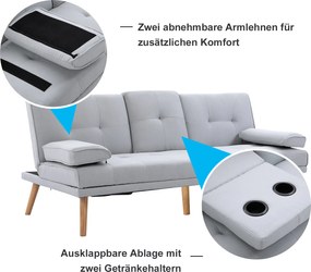 HOMCOM Sofa Rozkładana na 3 Osoby Kanapa do Spania Len Jasnoszara 181x77x72cm | Aosom PL
