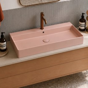 Umywalka ceramiczna nablatowa / wisząca różowa z półką i otworem na baterie 100 x 45 cm LERA pink