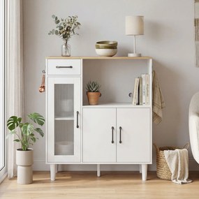HOMCOM Kredens kuchenny z szufladą, 2 szafkami, otwartą półką, prążkowanymi drzwiami z akrylu 80 x 34 x 91 cm Biały + Dąb | Aosom PL