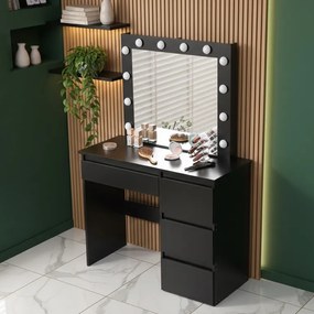 Toaletka z lustrem, oświetleniem i szufladami Claris DT06, czarna