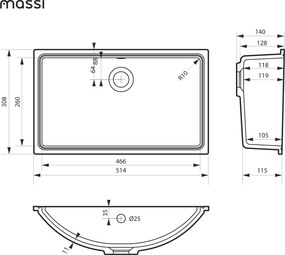 Massi Umywalka podblatowa  prostokątna biała z konglomeratu RONA Square 51 cm | Różne kolory