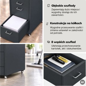 Szafka kartotekowa na kółkach, metalowa, 8 szuflad, na dokumenty, antracytowa, 300x1100x600 mm: SARA V8