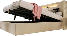 Łóżko z pojemnikiem 140 x 200 cm, łóżko podwójne - oświetlenie LED, port USB typu C i schowek - tkanina lniana - beżowy + materac