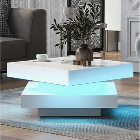 Stolik kawowy lakierowany na wysoki połysk z obrotowym blatem 360° - z diodami LED - 70 x 70 x 36 cm - płyta wiórowa - biały