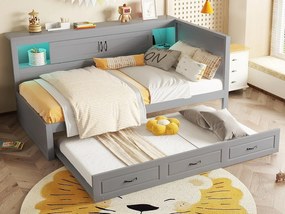 Łóżko banquette 90x200cm z LED i gniazdkami - z łóżkiem wysuwanym 90x190cm - Szare