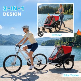 AIYAPLAY Przyczepka rowerowa dla dzieci, 2-osobowa, 2-w-1 składana przyczepka z regulowanym siedzeniem i pasami, Czerwona | Aosom PL