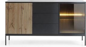 Nowoczesna komoda szeroka z szufladami i frezowanym frontem 154×83×39 cm, w kolorze Czarny / Dąb Wotan