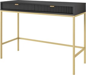 Toaletka Geriffelt z złotymi uchwytami, stalowa rama, biurko MDF, 2 szuflady, rzeźbiona fasada, 104x78x50 cm, matowa czerń, złote metalowe nogi