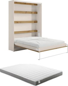 Łóżko chowane w szafie 160 x 200 cm - Ręczne otwieranie pionowe - Z diodami LED – Beżowy i naturalny + Materac - RAPILI
