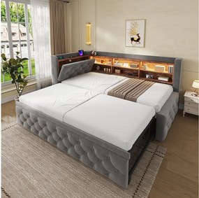 Rozsuwane łóżko wysuwane 90 x 190 cm z szarego aksamitu, boczny schowek, oświetlenie LED, porty USB, Type‑C, bez materaca