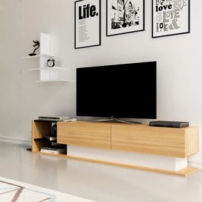 Biały zestaw pod TV w dekorze egzotycznego drewna 180x40 cm Liza - Kalune Design