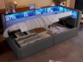Sofa z funkcją spania 90x200 cm - z portami USB + Type-C - liczne schowki - z taśmą LED - szary (materac nie jest dołączony)