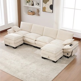 Zestaw wypoczynkowy z tkaniny sztruksowej 4-osobowy - 330 x 132 x 84 cm - z 2 pufami ze schowkiem + port USB + kieszenie - beżowy