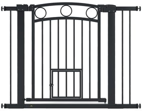 PawHut Bramka dla zwierząt, 77 cm, bramka schodowa, regulowana szerokość 76-104 cm, z drzwiczkami dla kota, do schodów i otworów drzwiowych, czarna