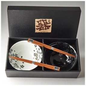 Zestaw 2 czarno-białych ceramicznych misek i pałeczek MIJ Sakura