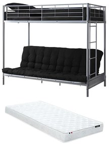 Łóżko na antresoli 90 x 190 cm - Z rozkładaną ławką - Metal - Srebrny + Futon + Materac - MODULO V
