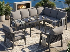 Salon Ogrodowy XL 8 Osób - Zestaw Jadalniany Narożny ze Stojącym Stołem i 2 Fotelami - Wykończenie z Plecionego Sznurka - Wytrzymała Stal Ocynkowana - Szary