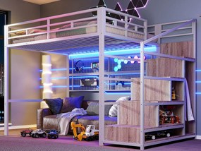 Oświetlony antresola 140x200 cm - konstrukcja stalowa - z szafą + drabinką magazynową - taśma LED - biały (materac nie jest wliczony w cenę)