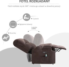 HOMCOM Fotel masujący z funkcją wstawania i ogrzewania regulowany kąt nachylenia z pilotem plusz brązowy | Aosom PL