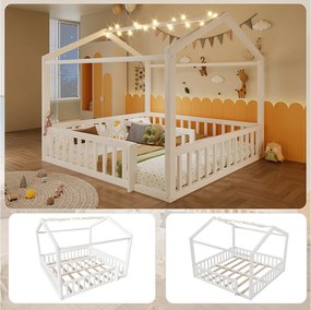 Łóżko dziecięce płaskie - 2 x 90 x 190 cm / 180 x 190 cm - z barierką zabezpieczającą + diody LED - styl minimalistyczny - drewno - kolor biały