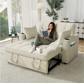 Beżowa sofa 2-osobowa - Sofa rozkładana z uchwytem na kubek i schowkiem - poduszki i kółka