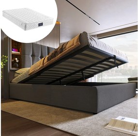 Łóżko dla dorosłych 140x200 cm - z zagłówkiem i schowkiem, USB, typ C, stelaż - szare - materac wliczony w cenę