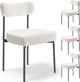 Krzesła do Jadalni Bouclettes SucceBuy, Zestaw 4 Krzeseł Kuchennych Sherpa z Zakrzywionym Oparciem i Metalowymi Nogami, do Stołu Jadalnego, Białe