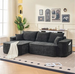 Modułowa kanapa narożna lewa - Chenille Czarny - 3 poduszki i 2 podgłówki - 262x144x65cm