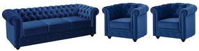 Kanapa 3-osobowa i 2 fotele CHESTERFIELD - Welur w odcieniu niebieskim królewskim
