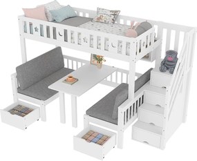 Łóżko piętrowe 90×200 cm - Łóżko i biurko 2 w 1 - Schody ze schowkiem - Z barierką bezpieczeństwa - Białe (materac nie jest zawarty)