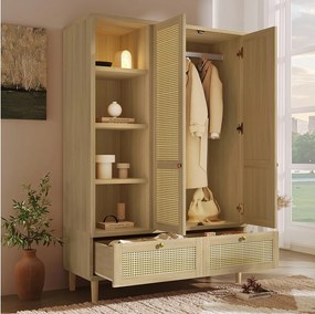 Szafa dwudrzwiowa z plecionego rattanu - 120 x 50 x 180 cm - styl rustykalny z efektem dębu - z półkami + 2 szuflady - drewno - naturalne