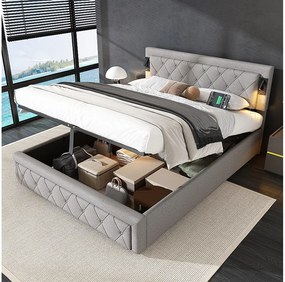 Łóżko 160x200 cm z pojemnikiem - Łóżko podwójne z lampką do czytania i ładowaniem USB - drewniany stelaż z listew - Szary len