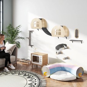 PawHut Zestaw Wspinaczkowy dla Kotów 7-elementowy z Drabinką z Sisalu, Platformą, Drapakiem Szary