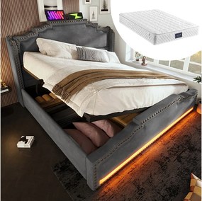 Łóżko podwójne tapicerowane ze schowkiem - 140 x 200 cm - z hydraulicznym schowkiem LED + USB - z materacem - aksamitne - szare