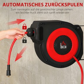 HOMCOM Bęben na wąż z mechanizmem zwijania, 16,5 m długi wąż, montaż ścienny, Czerwony+Czarny