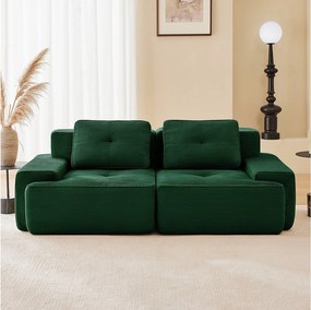 Modułowa Sofa 2-osobowa w Welurze żebrowanym z 2 poduszkami, bez montażu, 204x104x69cm, Zielony