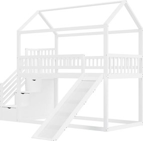 Łóżko piętrowe dla dzieci - 90 x 200 cm - ze zjeżdżalnią + drabinka - drewniane - białe