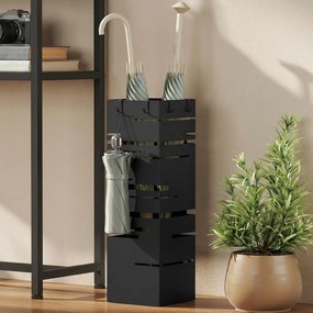 HOMCOM Stojak na parasole z metalu z wyjmowaną tacką ociekową i 4 haczykami 15,5 x 15,5 x 49 cm, Czarny | Aosom PL