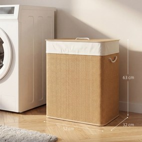 HOMCOM Kosz na pranie z bambusa z pokrywą 2 komory 100 L, kosz na bieliznę z uchwytami z liny, wymienny worek na pranie